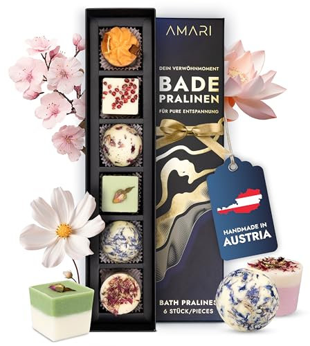 AMARI ® Luxus Badebomben vegan (6 Stück) - Badepralinen Geschenk für Frauen - Entspannungs Geschenkset Damen - Badezusatz Set - Entspannungsbad - Badezubehör