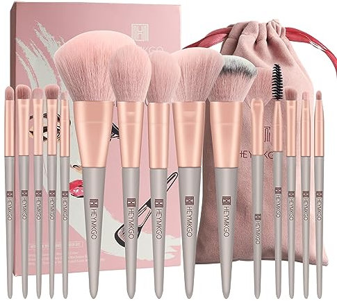 Pinselset Makeup HEYMKGO 15pcs Synthetische Borsten Grüne Farbe Konischer Griff Make Up Pinsel Set Schminkpinsel Gesicht Auge Lidschatten Mit Tragbarer Kordelzug Flanell Tasche (Rosa)