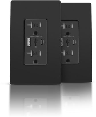 TOPELER Black USB C Outlets, 4.8A 24W High Speed Charging Electrical Outlet with Type C/A Ports, 20Amp TR Receptacles, USB Wall Socket with Screwless Wall Plate, ETL Listed, 2Pack