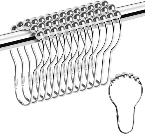 JENWUN Rostfreie Duschvorhangringe-Haken, widerstandsfähiges Metall, robuste Rollen-Duschhaken für Badezimmer, Duschstangen, Vorhänge, Auskleidungen, poliertes Chrom (12 Stück)