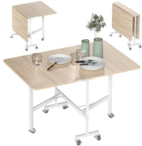 HOMCOM Mobile Drop Leaf Table with 6 Wheels & Brakes, Oak | Folding Dining Table, Kitchen Table for Small Spaces