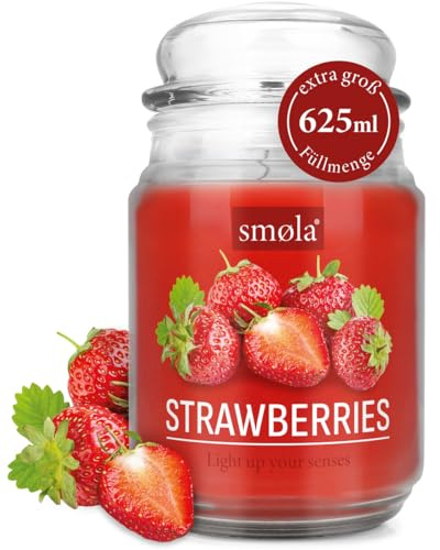 smøla Große Duftkerze im Glas I Strawberries 625ml - Kerze Erdbeere Erdbeerduft I bis zu 140 Stunden Brenndauer I vegane Sojawachs-Kerze I perfekte Geschenkidee