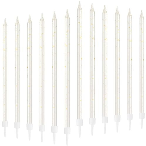 mciskin Candele di compleanno in oro bianco per torta, 12 candele bianche per feste di compleanno, candele lunghe color oro brillante, candele alte per feste, baby shower, anniversario di matrimonio