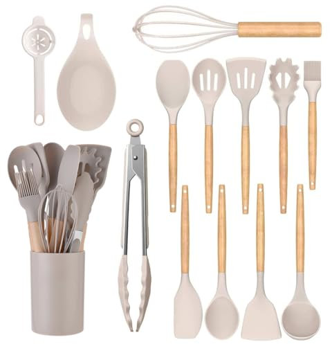 feyiubmen - Set di 14 utensili da cucina, lavabile in lavastoviglie, in silicone, su misura con manico in legno, posate da cucina