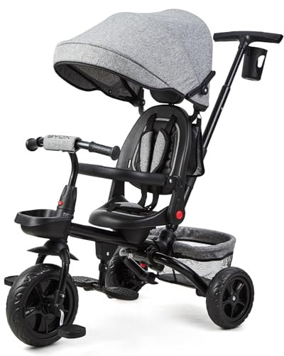 OPULENTHOME Dreirad ab 1 Jahr mit Schubstange, Kinderdreirad 6 in1, laufrad, Fahrrad Baby für 18 Monaten bis 5 Jahre, Babyfahrrad mit Umkehrbarem Sitz, ausklappbarem Verdeck