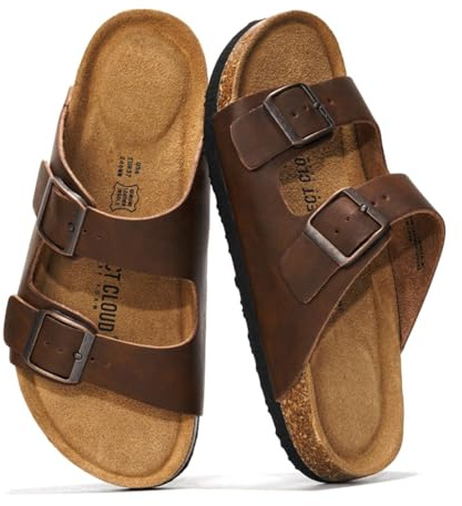 Project Cloud 100% Genuine Leather Flat Sandals For Women 2026 Cork Footbed Womens Sandals with Memory Foam and arch support Vacation Essentials Slides for Women Footwear (Venita, TANDIS,8.5)