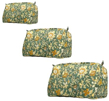 Cotton Hand Block Floral Print Toiletry Bag For Women Make Up Cosmetic Bag Jewelry Organizer Kit Storage Case Travel Accessories Essential Toiletries Purse Pouch (Green - Set of 3, Small Medium Large)