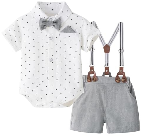 Volunboy Bebé Niño Caballero Conjunto, Camisa de Manga Corta con Pajarita + Corta Pantalón Traje Ropa(Puntos Grises,6-9 meses,Tamaño 66)