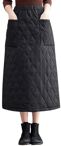 Damen Thermo-Midirock, Herbst, Winter, lässig, isoliert, A-Linie, elastisch, hohe Taille, Daunen, gepolsterter Rock mit Taschen, Schwarz , M