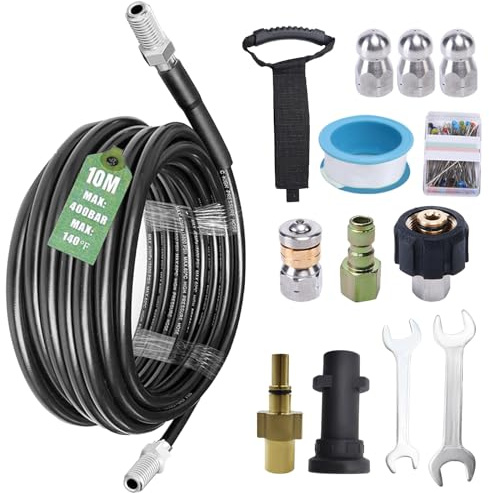 Desatascador Tuberías a Presión 10M, Manguera Hidrolimpiadora 400 Bar / 5800 PSI con Boquillas Rígidas y Giratorias, Limpieza Fácil de Tuberías y Desagües, Compatible con Kärcher K2 K3 K4 K5 K6 K7