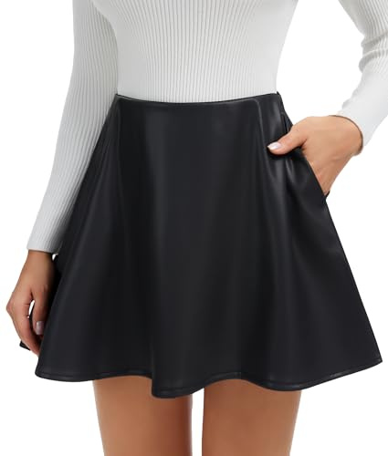 SHAPERIN Gonna in Pelle da Donna Mini Gonna a Trapezio con Pantaloni Gonne Corta con Tasche Minigonna in Ecopelle Nero M