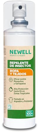 NEWELL Repelente de Insectos para Ropa y Tejidos | Protección 8h contra Mosquitos y Garrapatas | Hasta 30 días de duración | Testado en Algodón y Poliéster | Sin Permetrina | Con IR3535 | 100ml
