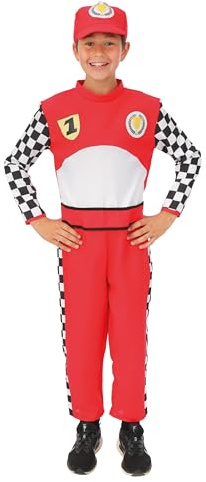 P'TIT CLOWN - Déguisement Pilote de Course F1 Enfant - Costume Pilote de Course - Tenue Race Team - Carnaval, Anniversaire, Cosplay, Halloween, Fête Costumée - Rouge (10/12 ans)