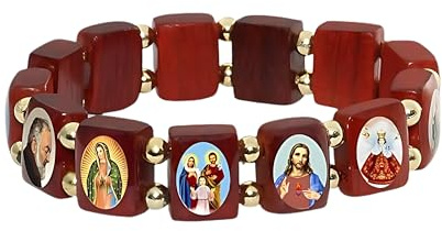 Catholica Shop Catholic Religious Wooden Stretch Devotional Bracelets with Assorted Color Images of Saints, Jesus, and Mary. Handcrafted in Brazil