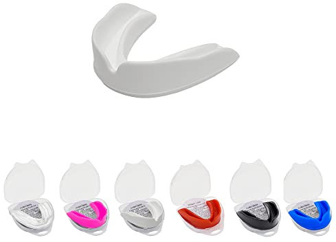 Mundschutz Gum Shield - Professioneller Mundschutz Slim Fit mit Tasche für Kontaktsport, Rugby, Kampfsport, Judo, Karate, Rugby, MMA, Boxen, Hockey, Fußball (Weiß, Erwachsene(+12))