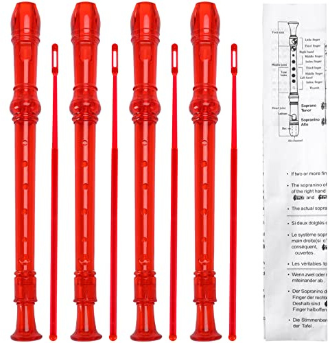 SANNIX 4 Pack 8 Hole Plastic Soprano Descant Recorder With Cleaning Rod, Instruction and Storage Bag, German Style (Clear Red)