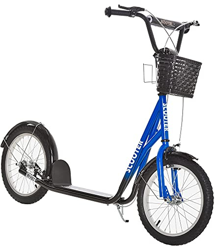 Aosom Youth Scooter, Kick Scooter with Adjustable Handlebars, Double Brakes, 16 Inflatable Rubber Tires, Basket, Cupholder, Blue