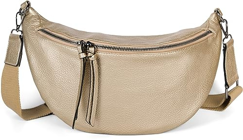 styleBREAKER Damen Halbmond Schultertasche groß | Crossbody Umhängetasche Handtasche mit 2 Wege Reißverschluss & verstellbarem Schultergurt 37 x 17 cm, Farbe:Gold