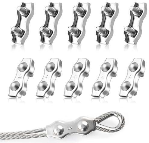 Drahtseilklemme M4, 10 Stück Duplex Klemme, 4mm Klemme, Edelstahl 304 Kabelklemme für Drahtseil Stahlseil Wäscheleinenspanner Markise Fixier(M4)