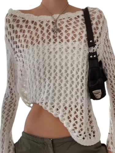 Suéter de Capucha de Ganchillo para Mujer Camiseta de Manga Larga de Malla Recortada Camisa de suéters de Malla Transparente, Ropa de Calle Sexy para Club Ropa de Playa (Blanco,S)