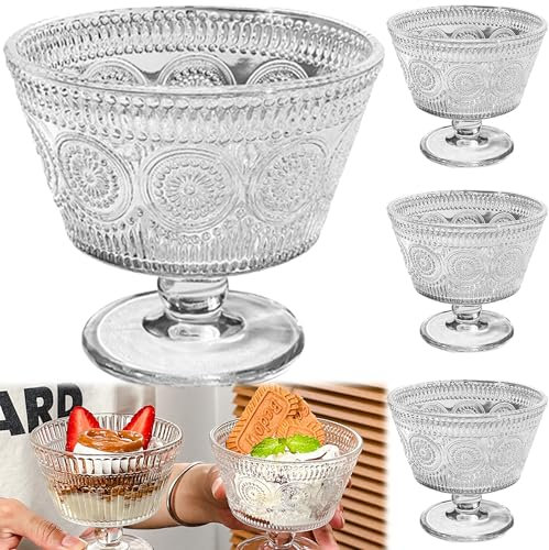 QSLKI 4PCS Cuencos De Postre Con Pie, Copa Helado Postre Cristal Vasos, Retro Transparente Ice Cream Bowls, 260ml, Sin Plomo, Cuencos De Postre De Vidrio Para Uso En Casa, Restaurante (Estilo 1)