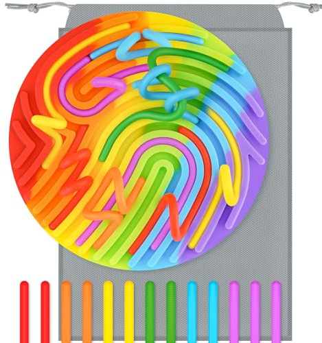 13 Silicone Strings Sensory Toy for Kids, Sensory Activity Busy Board, Travel-Friendly STEM Montessori Fidget Toy for Fine Motor Skills and Hand-Eye Coordination (Round, Rainbow)