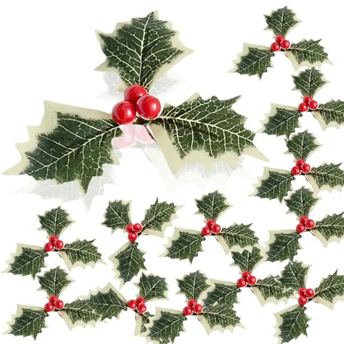 12P Fake Christmas Holly Sprigs Green Holly Leaves Branches with Red Berry,Holly Leaves Christmas Pine Artificial Berry Stems Decor,Xmas Foliage Berries Holly Bouquets for Craft Flower Wreaths Decor