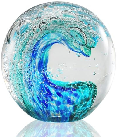 Eachave Blue Glass Paperweight, Hand Blown Glass Figurines Ocean Wave Ball, Home Decor Collectible, Aquarium Decor, Office Decor for Ocean Lovers
