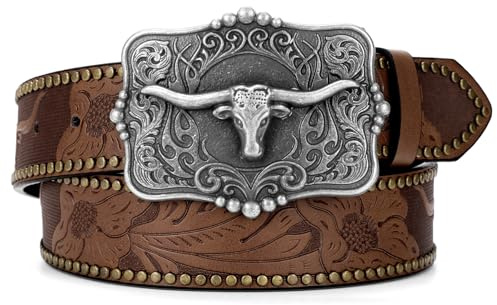 SUOSDEY Western cowboy läderbälten för män kvinnor Texas långhorn tjurspänne blommig graverat präglat läderbälte för jeans, Kaffe (silverspänne), Fit waist size 39-42