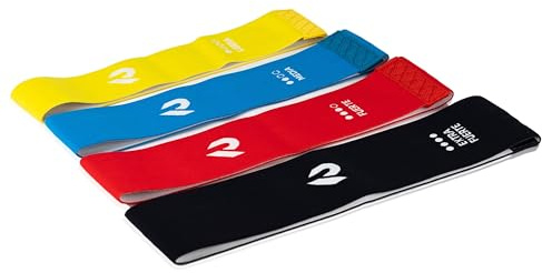 RUSTER Set Bandas Textiles Elásticas Musculación Glúteos y Piernas - 4 Cintas de Resistencia (Ligero, Medio, Fuerte, Extra Fuerte) - Gomas de Nylon y Látex para Ejercicio y Rehabilitación