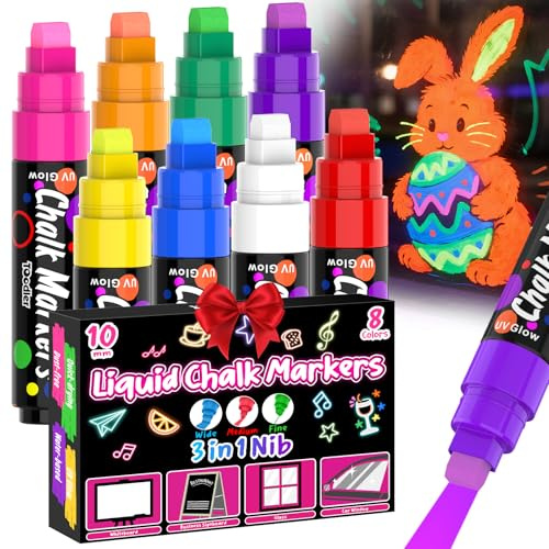 Toodler 8 UV Neon Chalk Markers Glow in the Dark under Blacklight, Jumbo Liquid Chalk Markers Erasable 10mm 3 In 1 Nib, Car Window Marker For Glass Chalkboard Blackboard Bistro Signs Menu Board