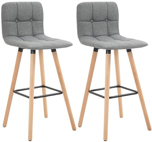 HOMCOM Lot de 2 tabourets de Bar, chaises de Bar capitonnées avec Dossier et Repose-Pieds, Pieds en Bois, Assise 70,5 cm, Style Moderne, tabourets Hauts pour Cuisine, Salle à Manger, Salon, Gris