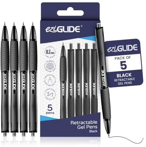 Eziglide Black Retractable Gel Pens, Pack of 5 – Smooth Tip Writing Pens | Ultra-Smooth Black Gel Ink with Retractable Tips for Comfortable Writing, Drawing, Sketching, School and Office Use