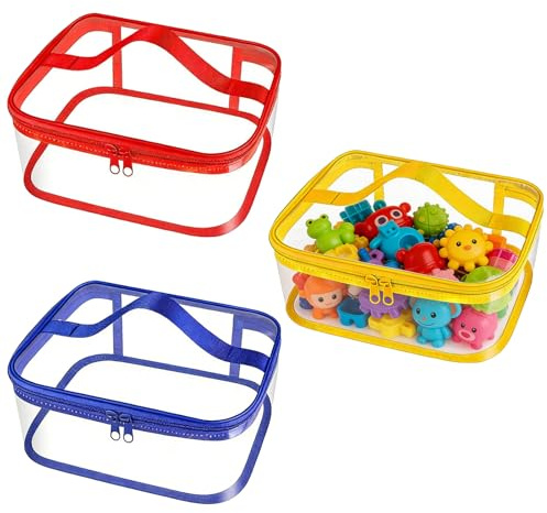 3 Pcs Clear PVC Toy Storage Bags, Waterproof Toy Organiser Bags with Double Zipper Reusable Storage Organizer Travel Bag with Handle for Building Blocks Puzzle Balls Board Games