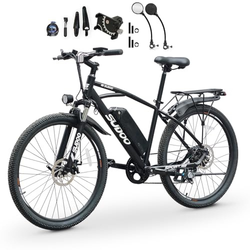 SUDOO Electric Bike, 26'' Ebike with 36V 7.8Ah Removable Battery & 250W Powerful Motor, 7 Speed, LCD Display, APP Control, Electric Mountain Bicycle for Adults Men, Anti-Theft (Black-26in)