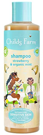 Childs Farm Barnschampo, 250 ml, jordgubb och ekologisk mynta, alla hårtyper, reder ut och ger närhet, lämplig för torr, känslig och eksem benägen hud och hårbotten