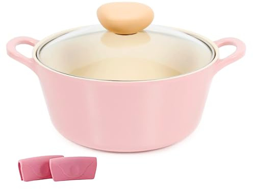 Neoflam Retro 3QT Ceramic Nonstick Stockpot w/Glass Lid, Pink