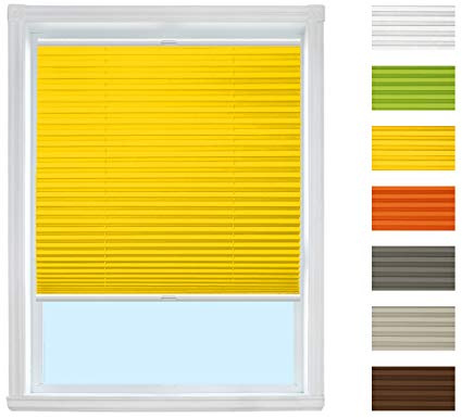 Plissee Rollo mit Klemmfix (Gelb, B80cm x H100cm) Rollo Jalousie, Easyfix klemmträger ohne Bohren verspannt/Faltrollo Sichtschutz und Sonnenschutz für Fenster und Tür/Farbe & Größe wählbar