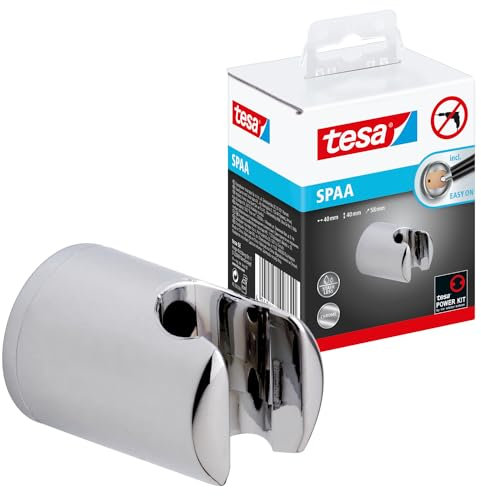 tesa SPAA Duschkopfhalterung, verchromt, garantiert rostfrei, Wandmontage ohne Bohren, inkl. Klebelösung, 40mm x 40mm x 58mm
