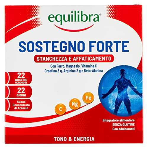 equilibra Integratori Alimentari, Sostegno Forte, Integratore con Creatina, Arginina, Vitamine C, B1, per Incrementare le Prestazioni Fisiche, con Succo Concentrato di Arancio, 22 Bustine Monodose