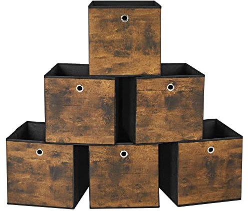 SONGMICS Storage Cubes, Set of 6 Storage Bins with Handles, Foldable Oxford Fabric and Non-Woven Fabric Storage Boxes, 11.8 x 11.8 x 11.8 Inches, Rustic Brown and Black URFB102B01