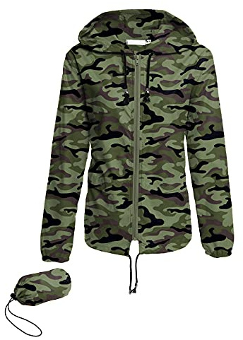 Lightweight Raincoat Women's Waterproof Windbreaker Packable Outdoor Hooded Rain Jacket Army Green Camouflage L