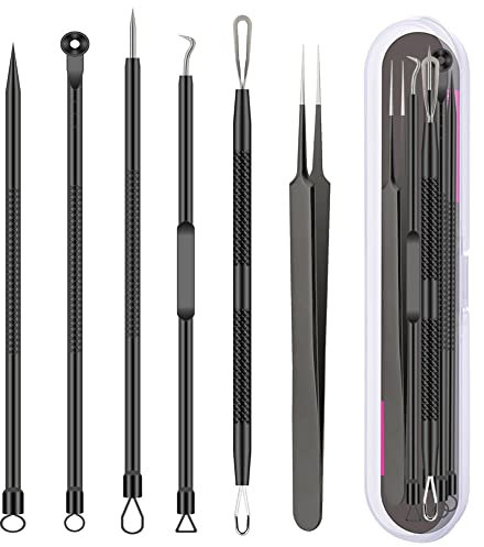 Pickel Popper Tool Kit, 6 Pcs Mitesserentferner Akne Nadel Werkzeuge Set Entfernen Behandlung Komedone Whitehead Popping Zit für Nase Gesicht Haut Unreinheiten Extractor Tool - Schwarz