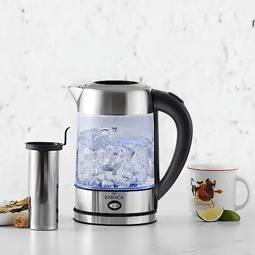 Karaca Glass Herbal Tea Maker Machine & Electric Kettle for Hot Water - Stainless Steel Tea Filter - Quick Boil, Auto Shut-Off, Loose Tea or Turkish Tea Brewing - Silver & Black (1850W, 1.7L)