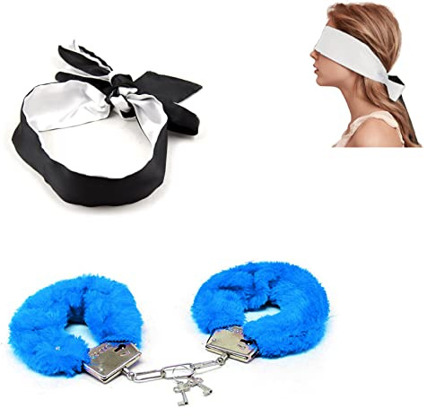Fluffy Handcuffs, Metal Handcuff with 2 Keys, Sleep Eye Mask Play,Cosplay Costume Props for Cosplay,Valentine's Gift Handcuffs Prop Dress Ball Party (Blue)