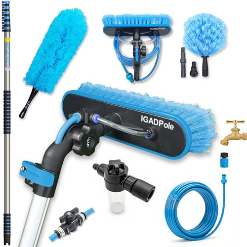 24ft Telescopic Water-Fed Solar Panel and Window Cleaning Pole Kit — Extendable Reach Cleaner with Brush, Soap Dispenser, Cobweb & Feather Duster — Soffit, Fascia, Conservatory