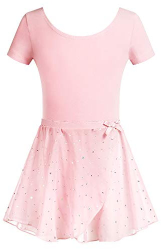 Arshiner Kinder Ballettanzug Kurzarm Mädchen Ballettkleidung Tanzkleid Tanzbody mit Rock Tütü mit Pailletten Ballettkleid Rosa 140/6-7 Jahre