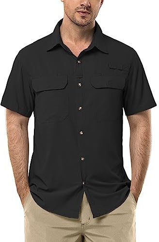 33,000ft Men's UPF 50+ UV Protection Short Sleeved Shirts Quick Dry Button Down Shirts Cooling Hiking Shirt for Travel Safari Fishing Black 2XL