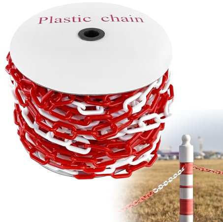 XMTECH Absperrkette Kunststoffkette Plastikkette, 6 mm Durchmesser, 50m Länge, rot-weiße Kette Gliederkette Sicherheitskette Baustellensicherheitskette, UV-beständig & frostresistent