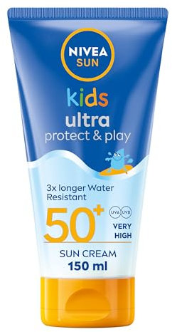 NIVEA Sun Kids Ultra Protect & Play SPF 50+ Lotion (150ml), Moisturising Kids Sun Cream Immediately Protects Delicate Skin Against Sunburn and Long-Term UV Damage